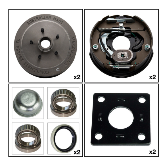 45mm Square Axle Kit Contents Drums Backing Plates Bearing Kits Weld Rings