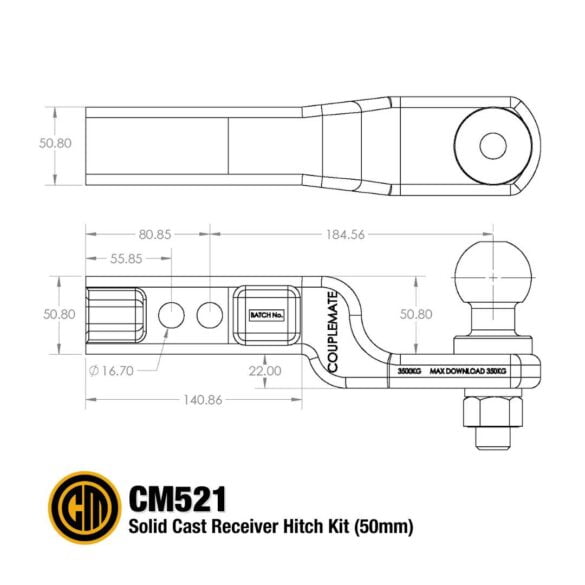 CM521 Engineering Drawing 50mm Tow Ball Receiver Hitch Australian Made 50mm Drop