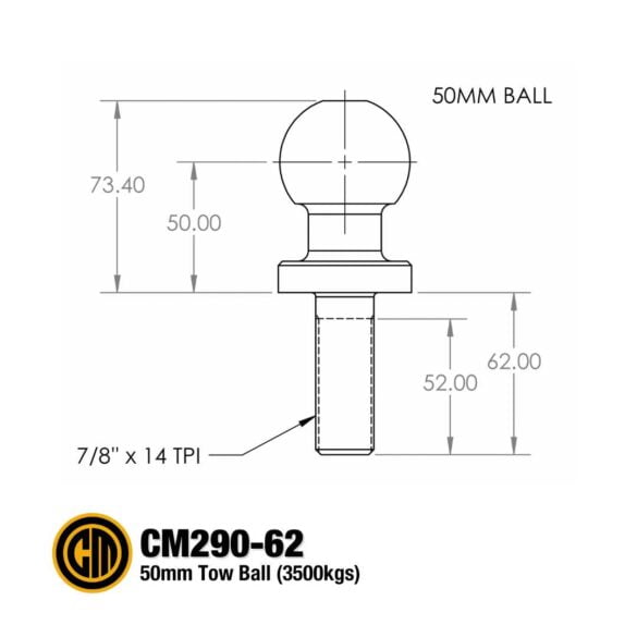 CM290-62 Engineering Drawing 50mm Tow Ball Standard Australian Made Couplemate