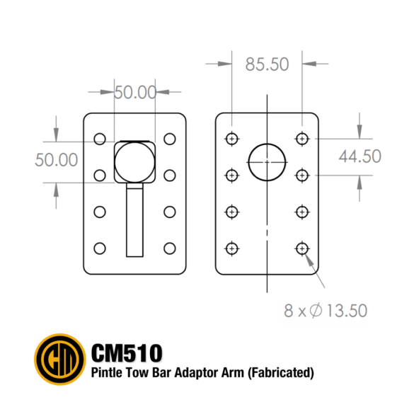 Engineering drawing of the CM510 Pintle Tow Bar Adaptor Arm (Fabricated)