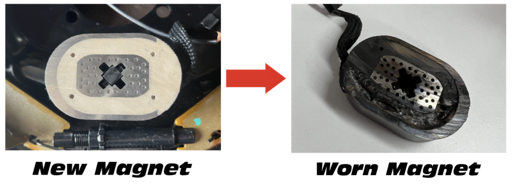 New and damaged brake magnets compared. 