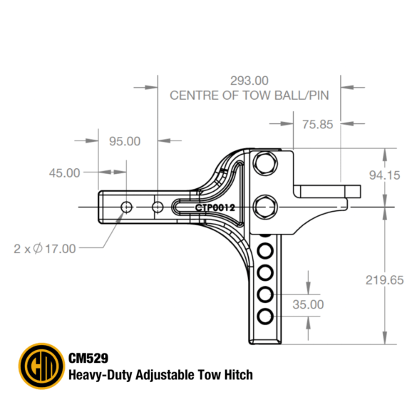 Engineering drawing of the Couplemate Adjustable Tow Hitch. 3500kg ATM and heavy-duty design. For caravans and Trailers.