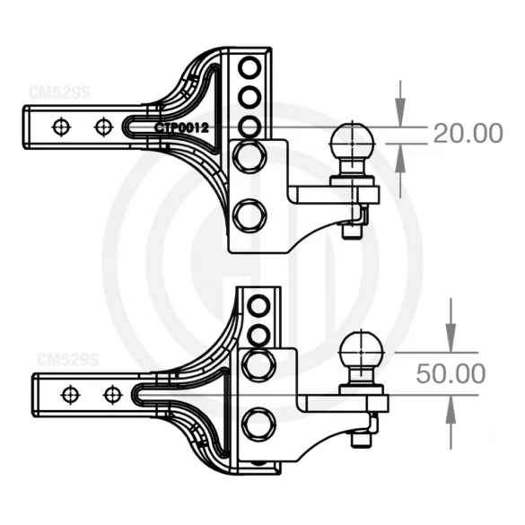 Engineering drawing of the CM529S S-Model demonstrating maximum adjustable hitch drop.