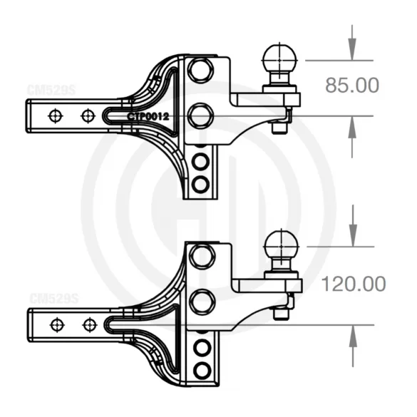 Engineering drawing of the CM529S S-Model demonstrating maximum adjustable hitch rise.