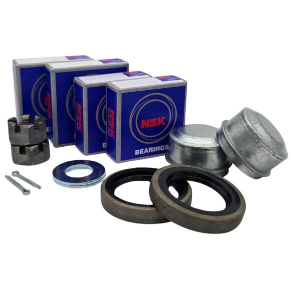 Photo of NSK japanese bearings for trailer axle hubs as well as dust caps seals and split pins