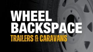 Greyscale Image Of A White Sunraysia Wheel For Trailers. Text Says: &Quot;Wheel Backspace, Trailers &Amp; Caravans&Quot;